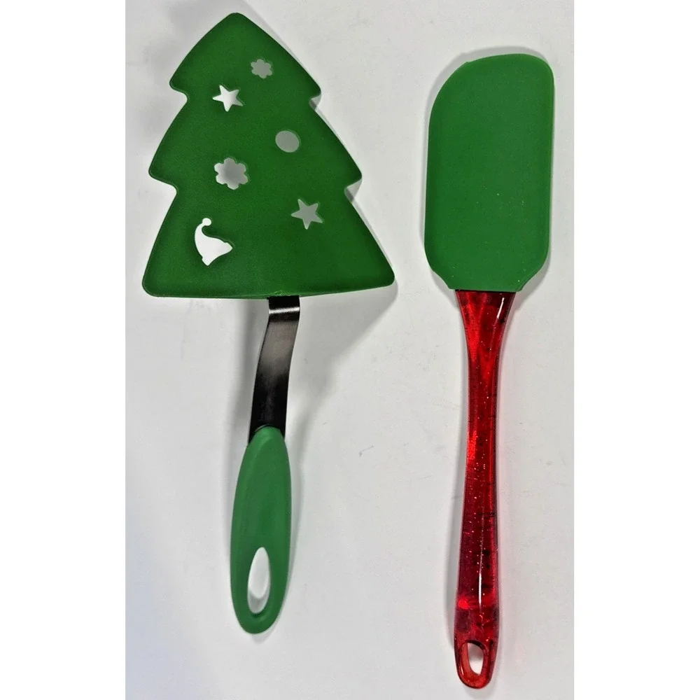 Unbranded Christmas Spatula and Pie Server Set OS Green Santa Tree Glitter